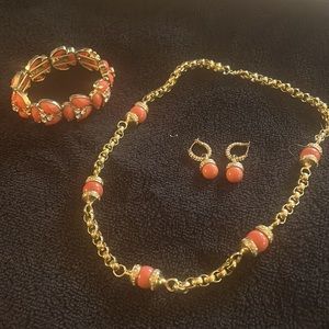 Coral color costume necklace , earrings and stretch bracelet set